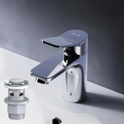 Productafbeelding van Badkraan met pop-up afvoer voor wastafel, chroom. Wastafelmengkraan met afvoer set, 1 1/4 inch, messing