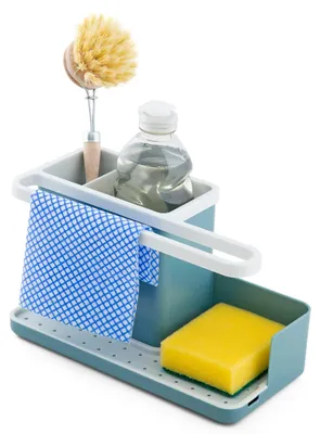 Productafbeelding van Gootsteenorganizer - Gootsteenrekje - Afwasbakje - Blauwgroen en wit - 23 x 11,5 x 13,5 cm - Voor keuken en gootsteen