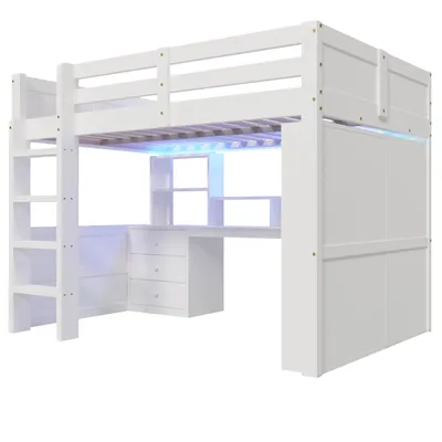 Produktbild von Flieks Etagenbett 140x200cm mit Led, Kinder Hochbett mit Schreibtisch und Schubladen, Kinderbett mit Kleiderschrank und offenen Regalen, Weiß