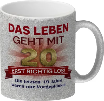 Produktbild von 20. Geburtstag Glitzer-Kaffeebecher mit lustigem Spruch: Vorgeplänkel