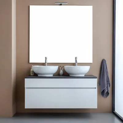 Produktbild von Weißer Badunterschrank 120 cm mit anthrazitgrauer Konsolenplatte und Spiegel | Sole