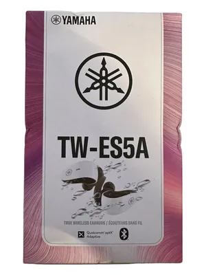 The image shows the front of the product packaging for Yamaha TW-ES5A True Wireless Earbuds.