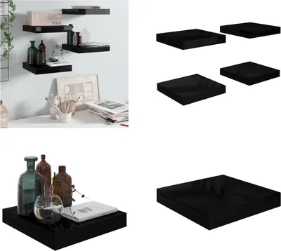 Produktbild von vidaXL Schweberegale 4 Stk. Hochglanz Schwarz 23x23,5x3,8 cm MDF - Wandregal - Wandregale - Schwebendes Wandregal - Wandregal Schwebend