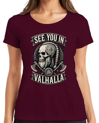 Produktbild von See You In Valhalla Wikinger Totenkopf Bart Axt Krieger Mythologie Damen T-Shirt, Burgundy, 3XL