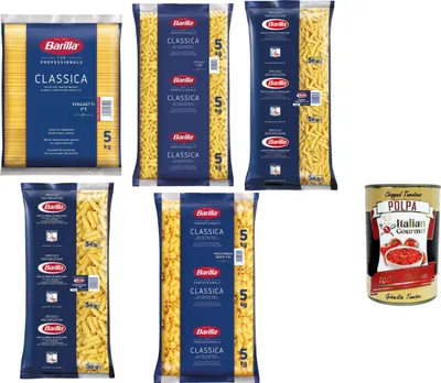 Produktbild von Barilla Gastronomie Pasta Mix 5 x 5 kg Spaghetti Fusilli Penne Maccheroni Hartweizen Nudeln Großpackung HoReCa Vorrat + Italian Gourmet polpa