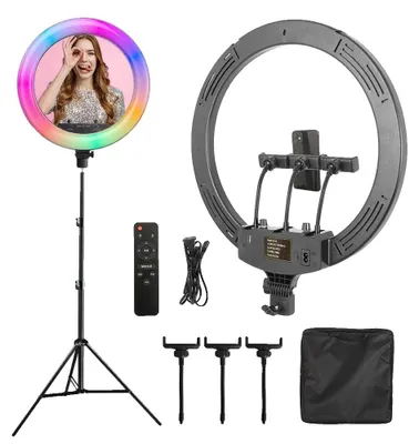 Obrázek produktu pro Prstenový světelný kruh pro selfie, nastavitelný jas, RGB osvětlení, stativ 190 cm RGB