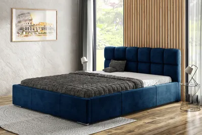 Zdjęcie produktu dla Łóżko tapicerowane AGMAT MALTA z wezgłowiem, 200 x 200 cm, łóżko podwójne z podstawą łóżka i metalową ramą z listew, tkanina welurowa: niebieski