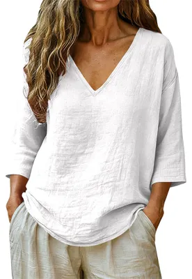 Produktbild von ASKSA Damen T-Shirt V-Ausschnitt 3/4 aermel Sommer Leinenbluse Musselin Bluse Einfarbig Casual Lose Basic Oberteile (Weiss,M)