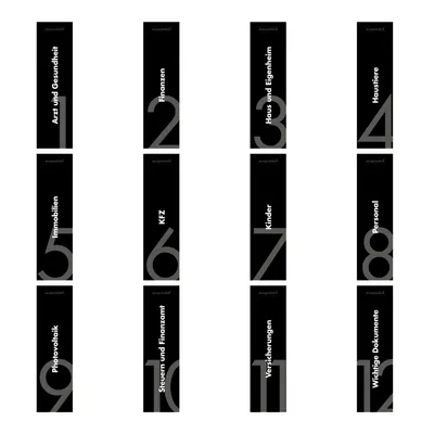Produktbild von europrotokoll 12er Komplett-Set Rückenschilder für DIN A4 Ordner, beschriftete Einsteckschilder im Format 53 x 186 mm, passend für 8 cm Ordner