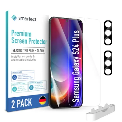 A product shot of screen protectors and camera protectors for a Samsung Galaxy S24 Plus, along with packaging and installation accessories.