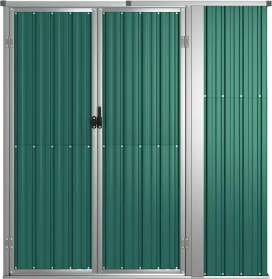 A front view of a green metal shed with double doors and a single door on the right.