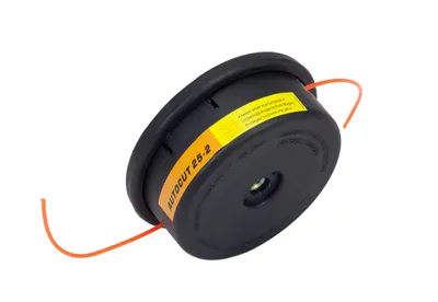 A black string trimmer head with orange trimmer line, shown at an angle on a white background.