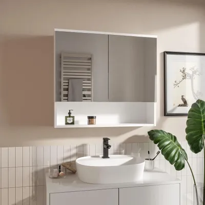 Image de HAJDUK FURNITURE Blanc 78x70 cm Armoire de Salle de Bain à Miroir 2 Portes avec Étagère et Ouverture Sans Poignée