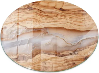 A close-up, top-down view of an oval-shaped glass cutting board with a natural wood and resin pattern.