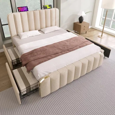 Zdjęcie produktu dla Łóżko tapicerowane 160x200 cm, kolor beżowy, z 4 szufladami, funkcją ładowania USB i typu C, obicie z lnu, tapicerowane wezgłowie z złotymi zdobieniami