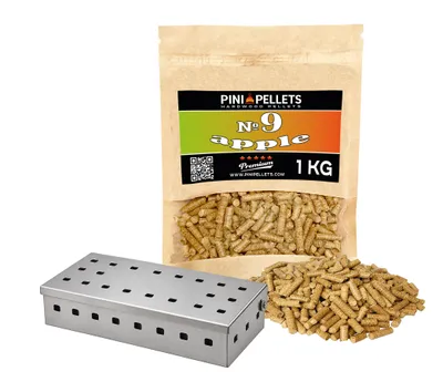 Produktbild von PINI Set Räucherbox Edelstahl Smokerbox und Pellets Nr 9 Apfel 1 kg für alle Arten von Grills und Smokern