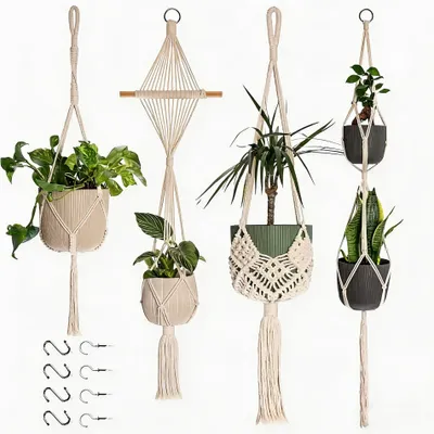 Image de Solidchoice - Ensemble de 4 suspensions pour plantes en macramé avec crochets métalliques