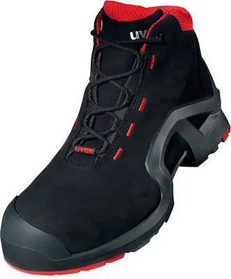 A black and red work boot is shown against a white background.