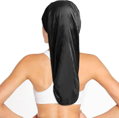 Produktbild von Nacht-Haar-Satin-Haube 2-teilig mit extra großer Motorhaube und Satinrand. Perfekt für lockiges, langes Haar und gesunde Haarpflege während des Schlafens.
