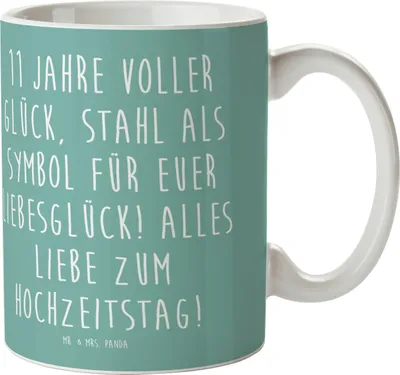 Produktbild von Mr. & Mrs. Panda Kaffeetasse 11. Hochzeitstag Stahlhochzeit - Meeresbrise - Geschenk, Meilenstein, Liebe, Heirat, haferl, Teetasse, Henkeltasse, Bedruckte Tasse, Jubiläum