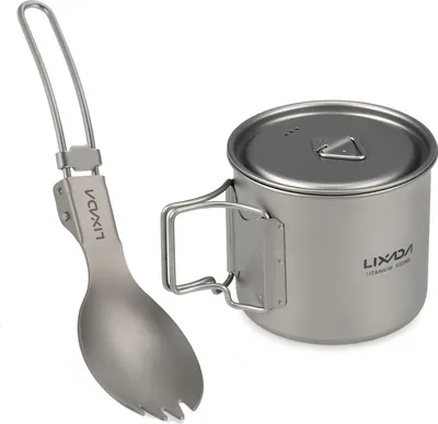 Produktbild von Lixada Kochgeschirr Set 300ml / 350ml / 550ml / 650ml Ultraleichter Titanbecher mit zusammenklappbarem Dinner Spork Geschirr für Camping Wanderrucksäcke
