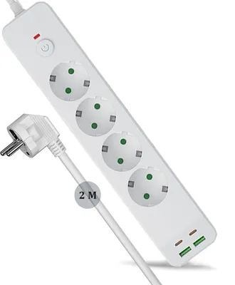 Produktbild von ZELURXX 4 Fach Steckdosenadapter Mehrfachstecker mit Schalter, 2USB & 2USB-C, Steckdosenleiste, 2M, Kindersicherung, für Smartphone, Laptop, Weiß