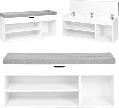 Produktbild von Schuhschrank mit grauem Kissen und aufklappbarer Sitzfläche, 3 Einlegeböden in Weiß