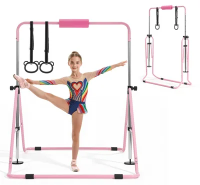 Produktbild von SucceBuy Gymnastikstange fš¹r Kinder mit 63,5 kg Belastbarkeit, Klappbares Turnreck mit Turnringen, H?henverstellbare Turnstange fš¹r Indoor- und Outdoor-š¹bungen, Trainingsger?t fš¹r Kinder, Pink