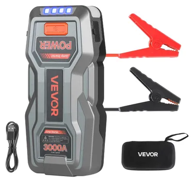 Immagine prodotto di Powerbank VEVOR per avviamento, dispositivo di avviamento con corrente di picco da 3000 A, torcia a LED e cavi per motori fino a 9 L di benzina/7 L di diesel; booster portatile con ricarica rapida e protezione di sicurezza per le emergenze