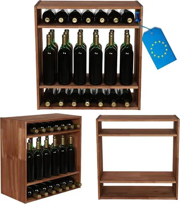 Imagen del producto de Estantería de madera maciza para 32 botellas, apilable, de 60x60x30 cm, color marrón