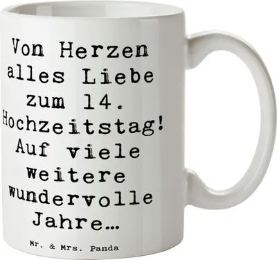 Produktbild von Mr. & Mrs. Panda Tasse Spruch 14. Hochzeitstag Elfenbeinhochzeit - Weiß - Geschenk, Motivtasse, Kaffeebecher, Heirat, von Herzen alles Liebe, gemeinsame Herausforderungen