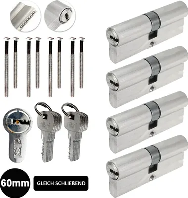 Produktbild von 4x Profil Zylinderschloss Schließzylinder Tür Zylinder Profilzylinder 60mm (30/30mm) Gleichschließend