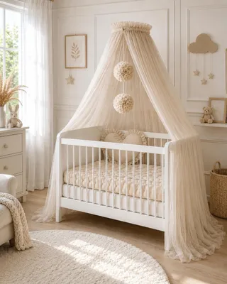 Produktbild von Betthimmel für das Babybett, Prinzessin Babywiege, Moskitonetz, Himmel für Beistellbett, Dekoration für das Babyzimmer, Baldachin aus Tüll (Beige, mit Bommel)
