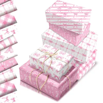 Immagine prodotto di Carta da regalo rosa con fiocchi, 12 fogli, 68x50 cm, bianco/rosa