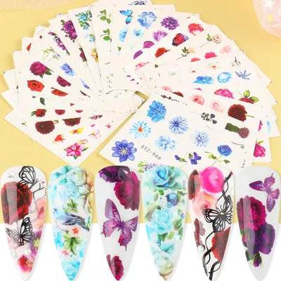 Produktbild von 24 Blatt Nail Art Stickers Nagelsticker Blumen Schmetterling Nagelaufkleber Sticker Selbstklebende Nagelspitzen Dekoration