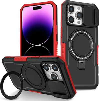 Produktbild von Handyhülle für iPhone 14 Pro Max Kompatibel mit MagSafe, Robuste Hülle mit Schiebe Kamera Schutz, Magnetischer Ringständer Schwarz Rot