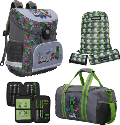 Produktbild von Minecraft Schulranzen für Jungen 1. Klasse Graue Schultasche im Set 6-teilig mit gefüllter Federmappe und Sporttasche