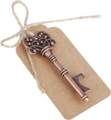 Produktbild von Vintage herzförmige Schlüssel Flaschenöffner Anhänger - 12 Stück kupferfarben - Hochzeit Geburtstag Jubiläum Valentinstag