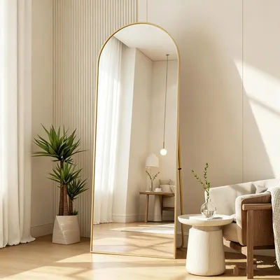 Productafbeelding van INONEFT Boogvormige spiegel voor het hele lichaam, 173 x 63 cm. Gebogen staande spiegel, wandspiegel, grote spiegel met voet, vloerspiegel, goudkleurig