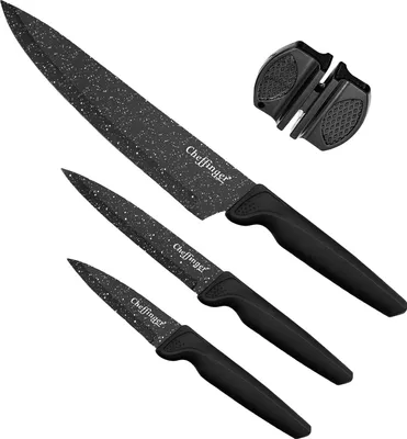 Produktbild von Cheffinger, Set 4 Küchenmesser Marmor Beschichtung mit Messerschärfer, Schwarz