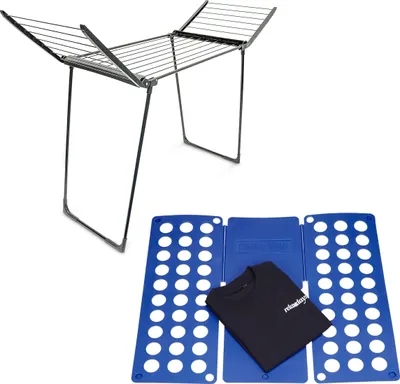 Produktbild von 2 teiliges Haushalts Set, Wäscheständer klappbar, 13 m Trockenlänge, großes Faltbrett für Hemden, Pullover und T-Shirts