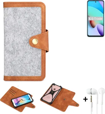 Produktbild von K-S-Trade Handyhülle + Kopfhörer kompatibel mit Xiaomi Redmi Note 11 4G Schutzhülle Filz Hülle Kunstleder hellgrau braun (1x)