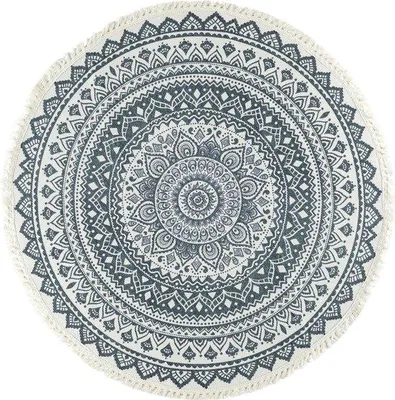 Produktbild von Unyqoos® QUVIO Rundteppich 95 cm – Mandala-Design mit Fransen, Polypropylen, Offwhite/Antrazit/Graublau, Boho-Teppich für Innen