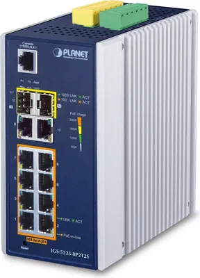 Produktbild von PLANET IGS-5225-8P2T2S, Managed, L2+, Gigabit Ethernet (10/100/1000), Vollduplex, Power over Ethernet (PoE), Wandmontage