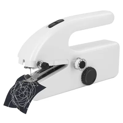 A white portable sewing machine is shown against a white background.