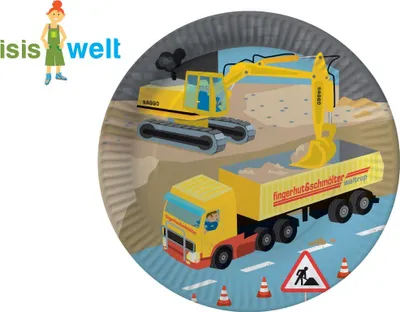 Produktbild von 8 Baustellen-Pappteller mit Bagger-Motiv für den Bauarbeiter-Kindergeburtstag, Ø 23cm