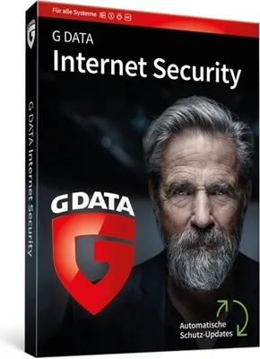 The image shows the packaging for G Data Internet Security software, featuring a man's face and the product logo.