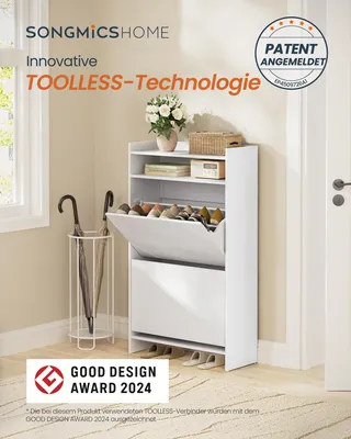 Produktbild von SONGMICS HOME Schuhkipper, superschnelle werkzeuglose Montage, Toolless-Technologie, Schuhschrank 2 Klappen, modern, weiß