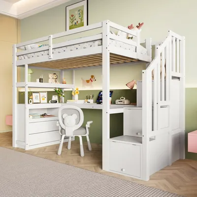A white loft bed with a desk and storage stairs in a child's room.