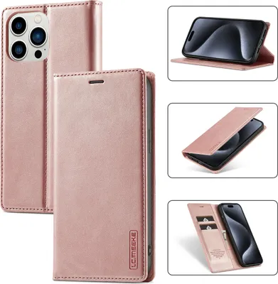 Image de Étui en cuir pour iPhone 15 Pro, avec fonction de support et porte-cartes, étui portefeuille design Or rose